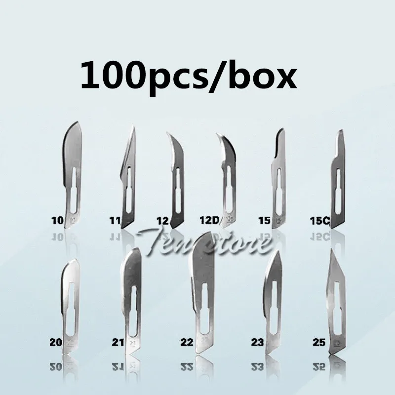

100 шт. скальпель Лезвия #10, 11 #, 12 #, 15 #, 20 #, 21 # для стоматологических хирургических медицинских лезвий из нержавеющей стали