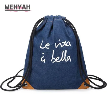 

Wehyah Denim Drawstring Bag Women Men Casual Travel Storage String Package Functional School Backpack Pouch for Teenager ZY100