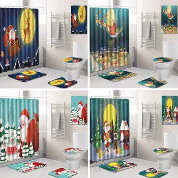 

5Pcs/Set Merry Christmas Series Printing Bathroom Shower Curtain Toilet Cover Mat Non Slip Rug Set