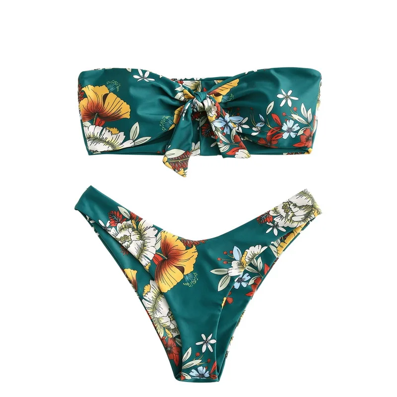 

Women Bikini Swimwear Strapless Swimsuit Push Up Bikini Set Sexy Bow Floral Print Off Shoulder Brazilian Biquini Maillot De Bain