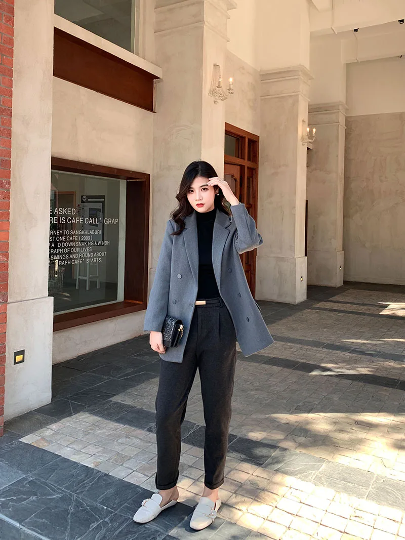 Elegant Double-breasted Women Blazer Notched Collar Work Style Female Suit Jacket Casual Brief Blazer Outerwear