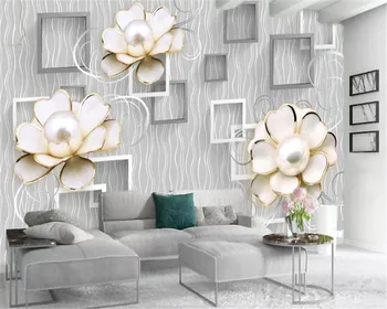 

Living 3d Wallpaper romantic lines black and white square pearl flowers custom flowers beautiful and warm Silk Mural Wallpaper