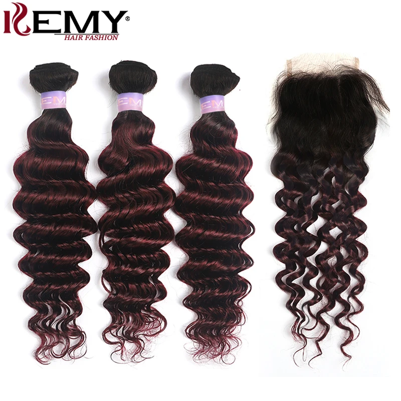 

1B/99J Deep Wave Human Hair Bundles With Closure 4x4 Brazilian Ombre 3 Bundles With Closure Non-Remy Hair Weave Extension KEMY