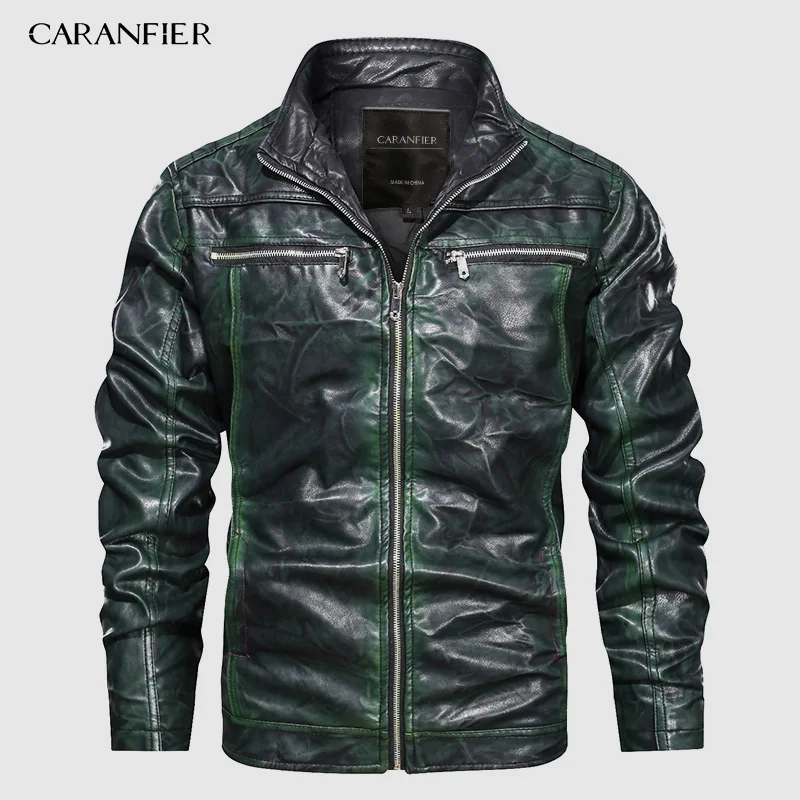 2915C Green CARANFIER мужские кожаные куртки размер США новые осенние кожаные пальто повседневная мотоциклетная куртка Мужские байкерские куртки дропшиппинг - Цвет: 2915C Green