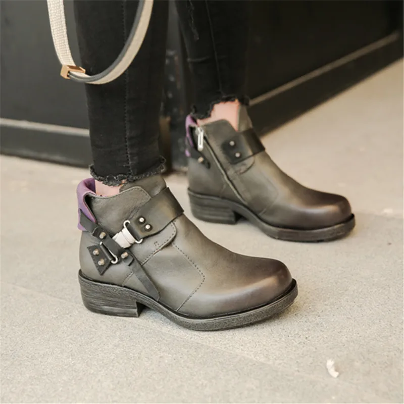 Mabaiwan/Модные женские ботильоны с заклепками; Теплая обувь из натуральной кожи коричневого цвета на молнии; женские полусапожки в стиле ретро с заклепками; сезон зима-осень