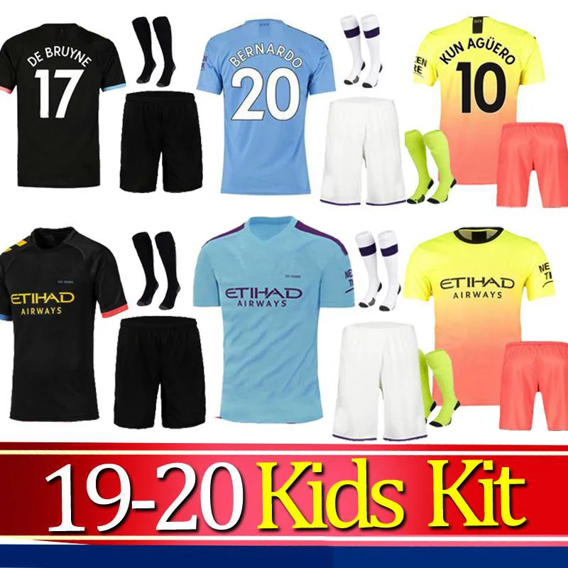 Коллекция 19/20 г., Футбольная Футболка «Манчестерский город», Детский комплект, DE BRUYNE KUN AGUERO MAHREZ SANE SILVA man city, Детская футболка, Детская рубашка