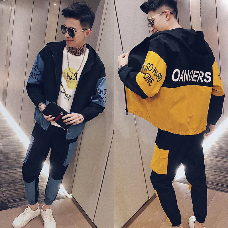 

YASUGUOJI New 2019 Fashion Contrast Color 2 Piece Set Jacket and Pants Streetwear Letter Printed Men Set Fashion Plain Tracksuit