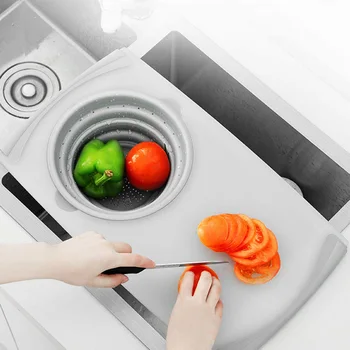 

Kitchen Table Flexible Cutting Board Silicone Folding Drain Basket Cooking Storage Kitchen Stuff Collapsible Colander Set