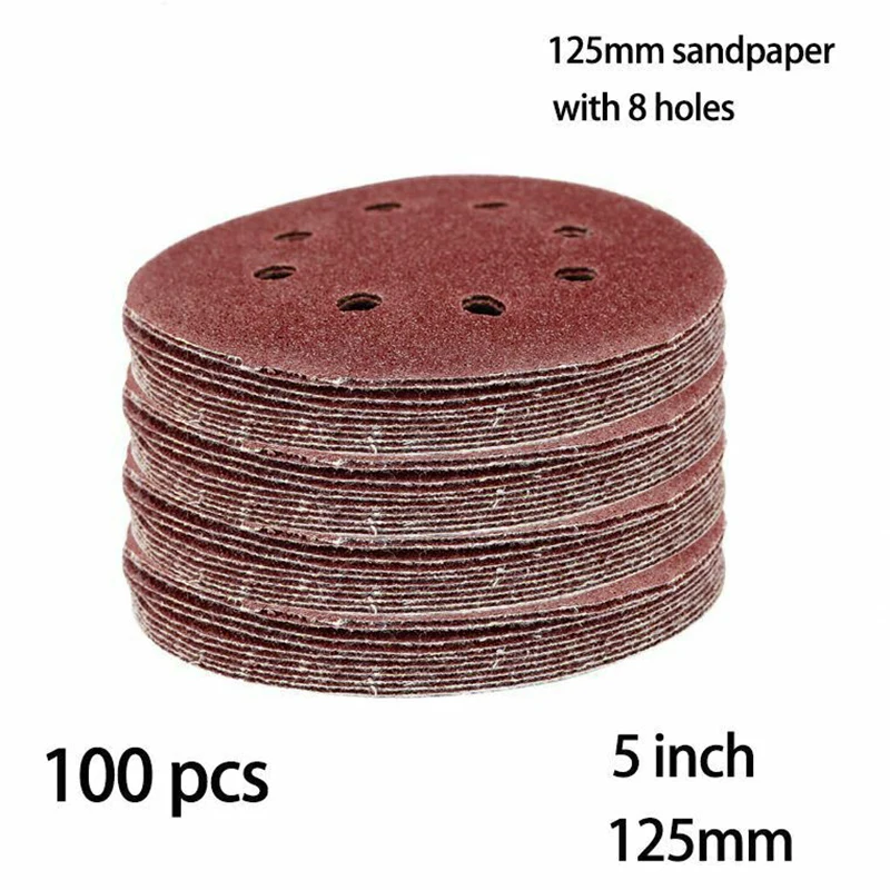100*Sand Papers 125mm 120 Grit Hook& Loop Sanding Discs 5 Inch 8 Hole Sandpaper Orbital Sander accessories