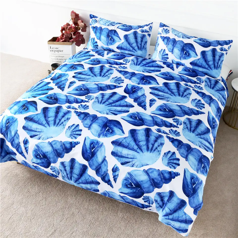 

HM Life Duvet Cover Sets Seashell Bedding Set Conch Watercolor Blue and White Home Textiles Ocean Beach 3pcs Bedclothes