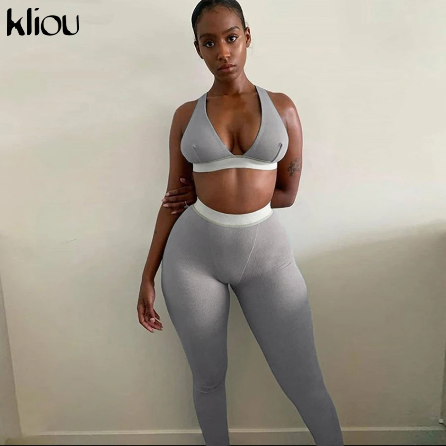 Kliou-chándal deportivo sin mangas para mujer, leggings elásticos, sujetador acanalado, conjunto de dos piezas, ropa de calle firme