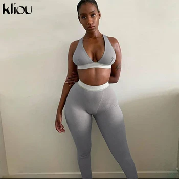 Kliou כושר ספורטיבי נשים אימונית שרוולים v-אנק טנק נמתח חותלות מצולעים חזיית שתי חתיכה להגדיר מוצק streetwear תלבושות