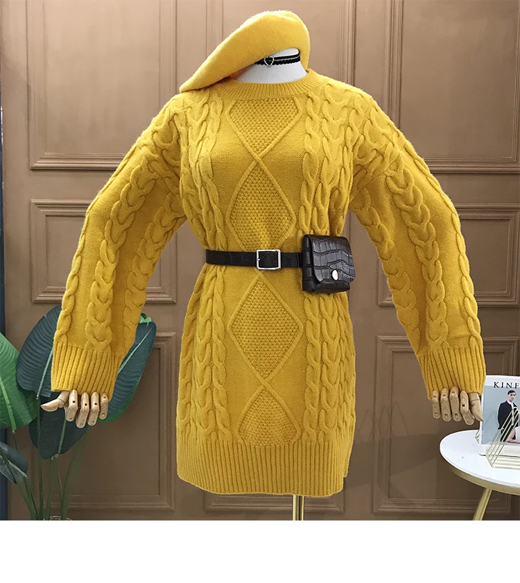 New Loose Long Sweater Women's Round Neck Retro Mid Length Knit Pullover Knitwear with Belt Girls Winter Knitted Shirt Sweaters