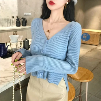 

new fashion girl summer knitted jacket slim short cardigan women summer full sleeve v-neck blouse black