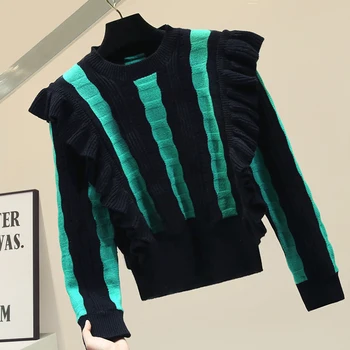 

Short Slim-Fit Frilled Color Panel Thick Warm Sweater Sweaters Women's 2020 Spring Knitted Sweater Ladies Black Green Jumper