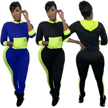 

RStylish Long Sleeve Hooded Workout Sweatshirt Bodycon Pants Loungewear Casual Women Color Block Two Piece Set