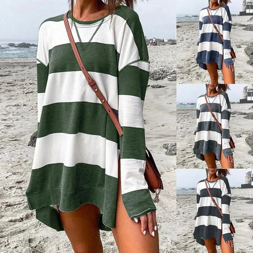 

Women O Neck Long Sleeve Slitting Hem Stripes Print Loose Sweatshirt Mini Dress Slitting Hem,Striped,Loose Fit Mini Dress HOT !!