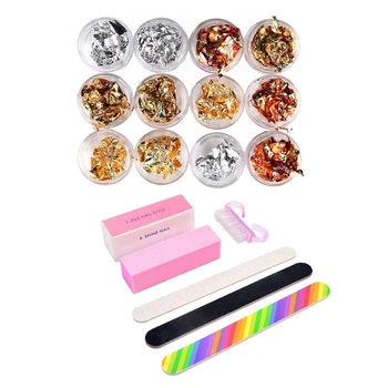 

2 Set Nail Accessories: 1 Set 12 Pcs Nail Art Foil Paper for UV GEL Decoration & 1 Set Polished Yarn Nail Polishing Set