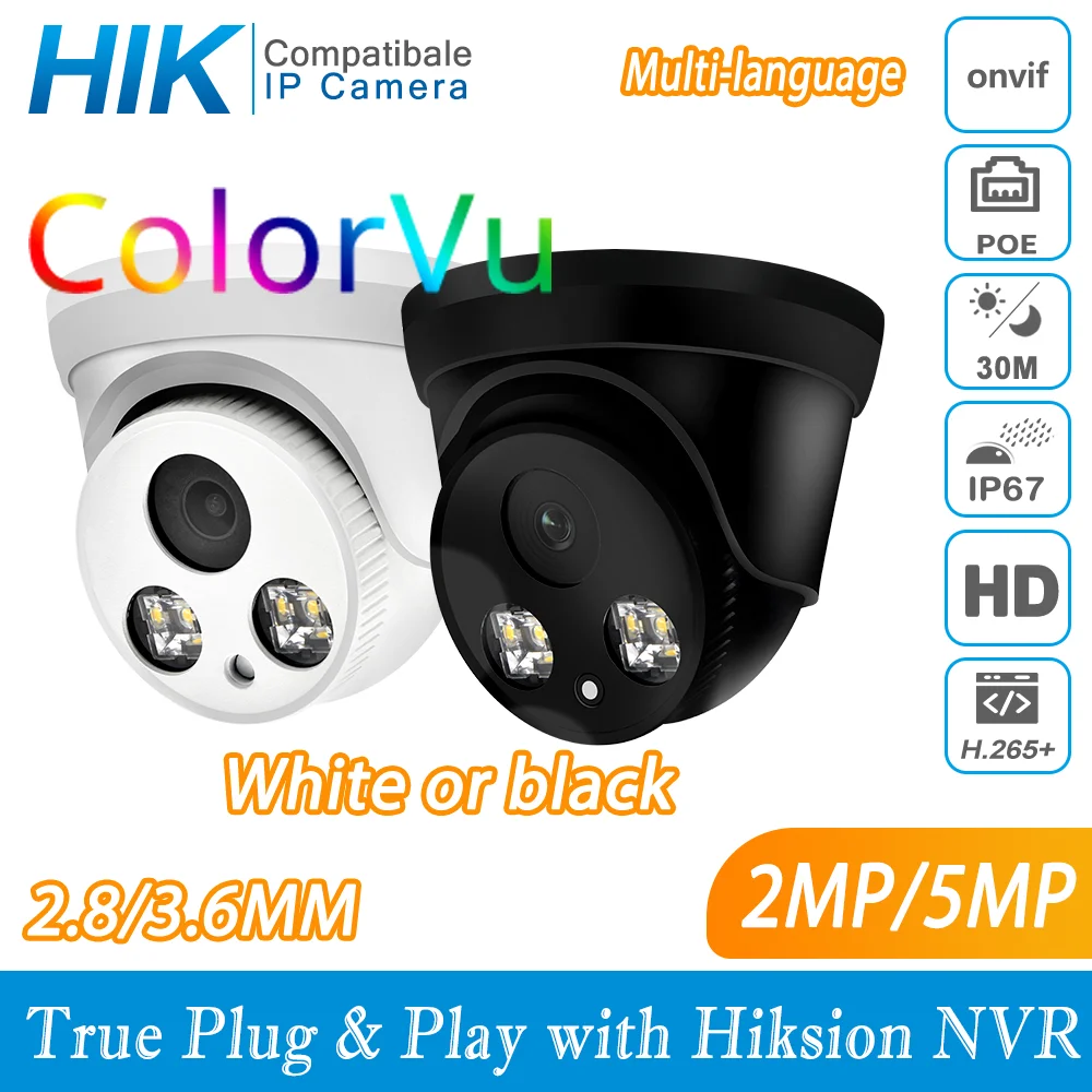 Hikvision Compatible ColorVu 5MP Dome POE IP Camera 8MP Home Security CCTV Camera 1080P 30m ONVIF H.265 P2P Plug&play IPC