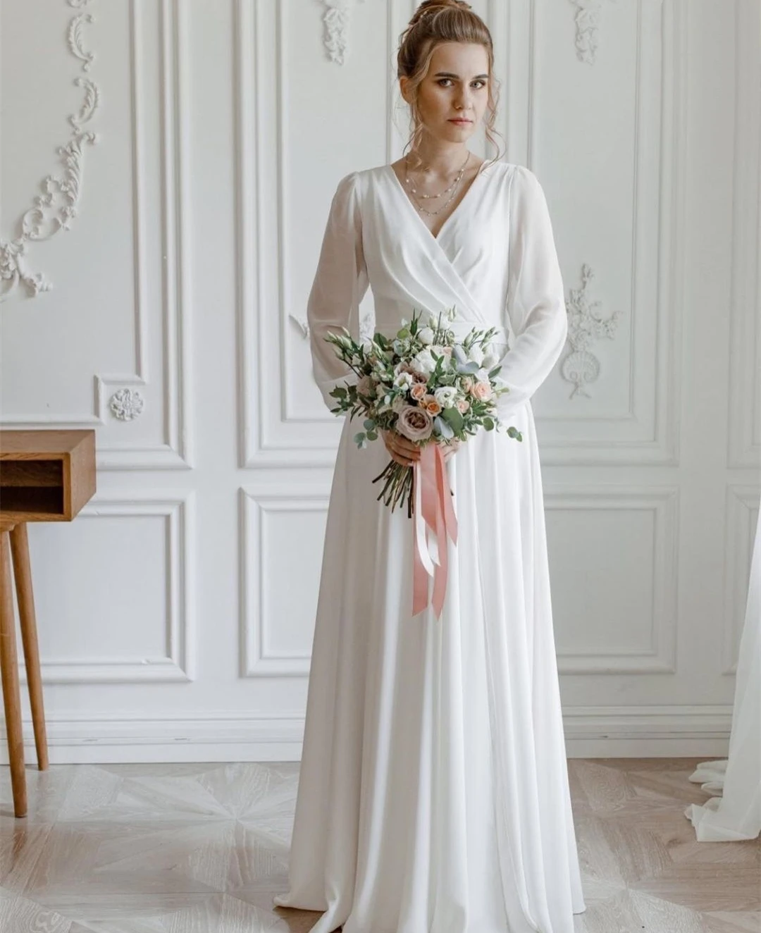 

Boho Wedding Dress Chiffon Split Floor length Long Sleeve V-Neck Charming With Sash bow Beach Rustic robe de soirée de mariage