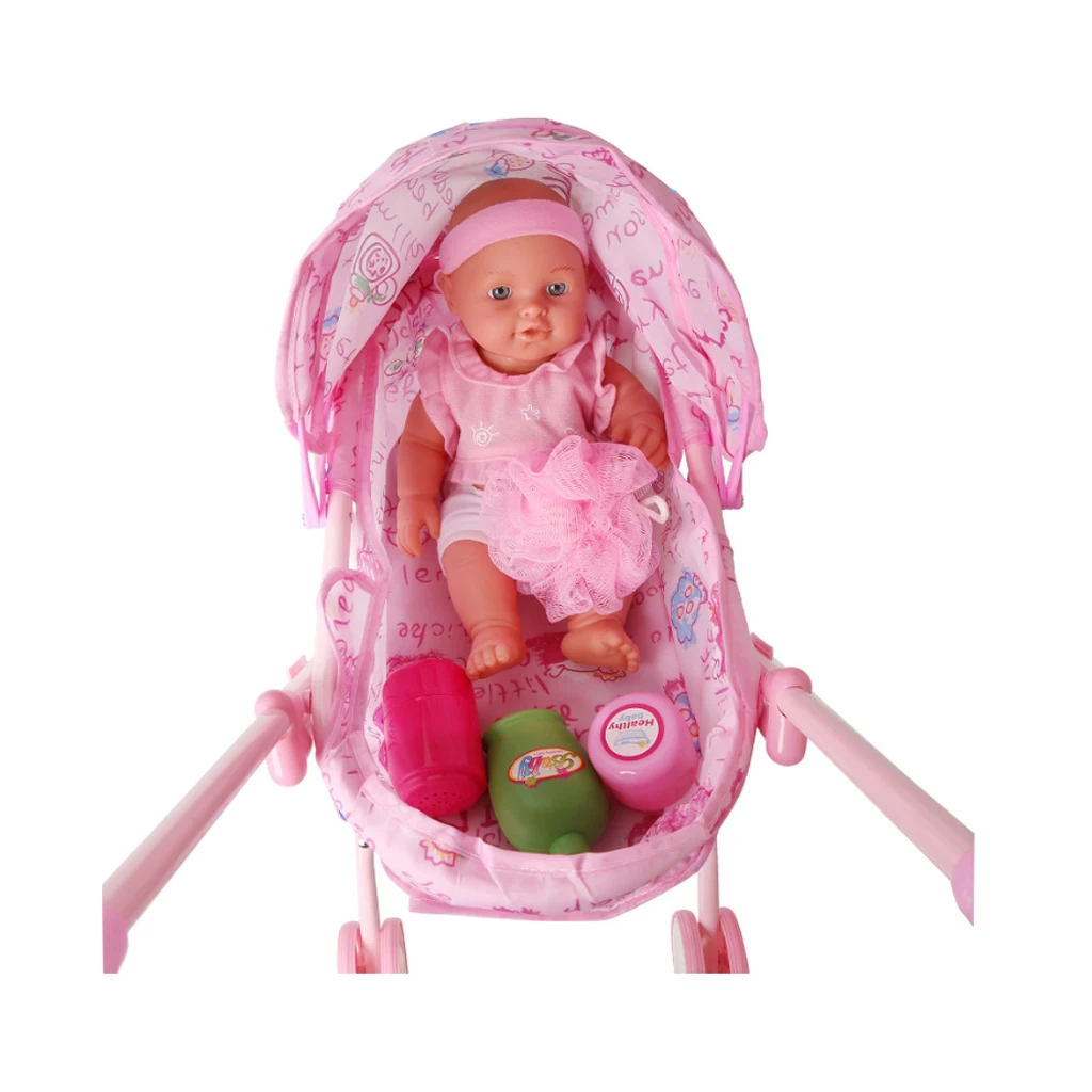 Pink Kids Gift Foldable Toy Pram with Under Storage Sunroof & Talking Doll 