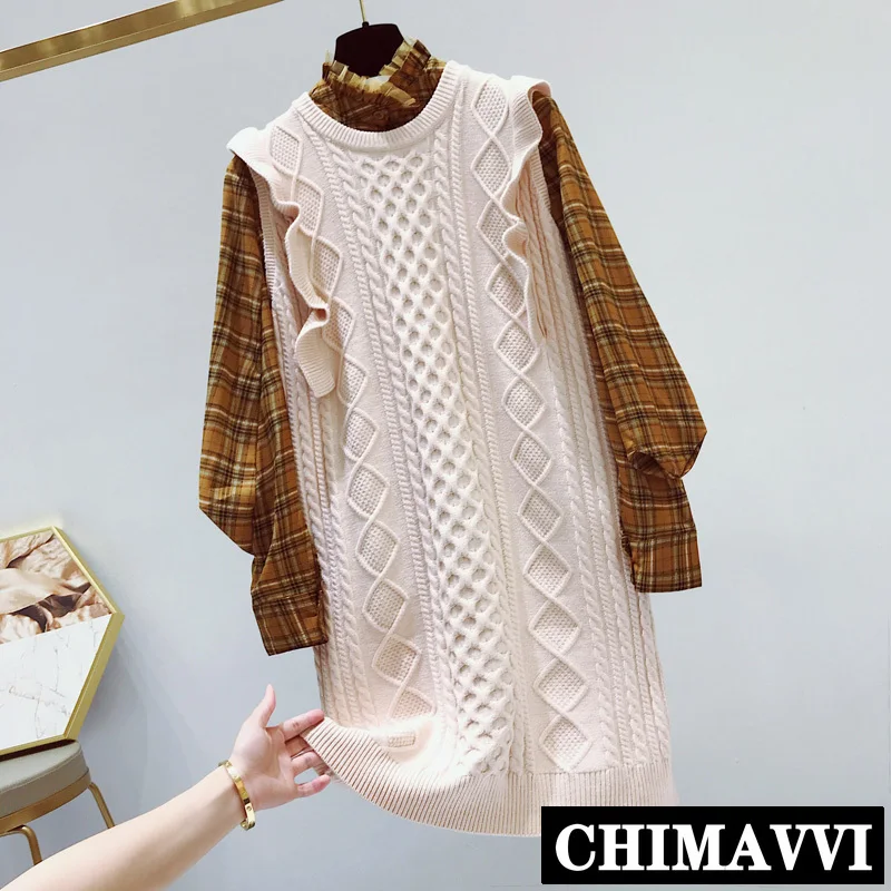 

2019 New Autumn Women Stand Collar Long Sleeve Plaid Shirt Blouse + Knitting Vest Dress Two-piece Female Sweater Dress Suit