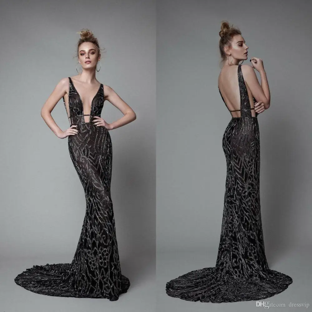 

Black Evening Gown Deep V Neck Backless Illusion Mermaid Dresses Evening Wear Full Beads Sexy Elegant Prom Dress Formal Gowns
