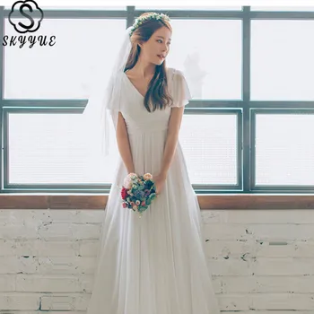 

Chiffon Evening Dress Skyyue K355 V-Neck Pleat A-Line Solid Robe De Soiree White Short Sleeve Ruched Dress Woman Party