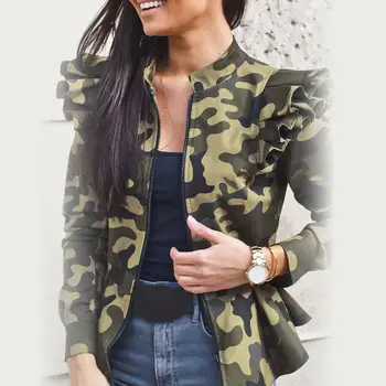 

2020 Women Stylish Long Sleeve Leopard Camouflage Zip Ruffled Hem Slim Jacket Coat Women's clothing женская куртка