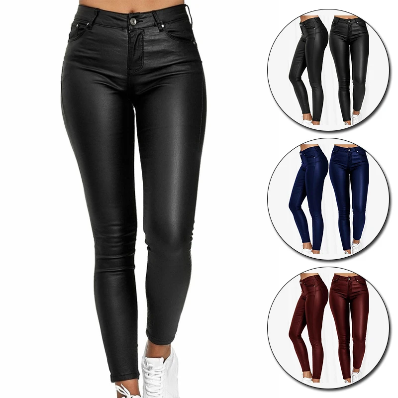 Fashion Women's Pencil Pants Faux Leather Pu Long Trousers Casual Sexy Tight-Fitting Female Stretch High-Waist Pants Pure Color womens clothing Jeans