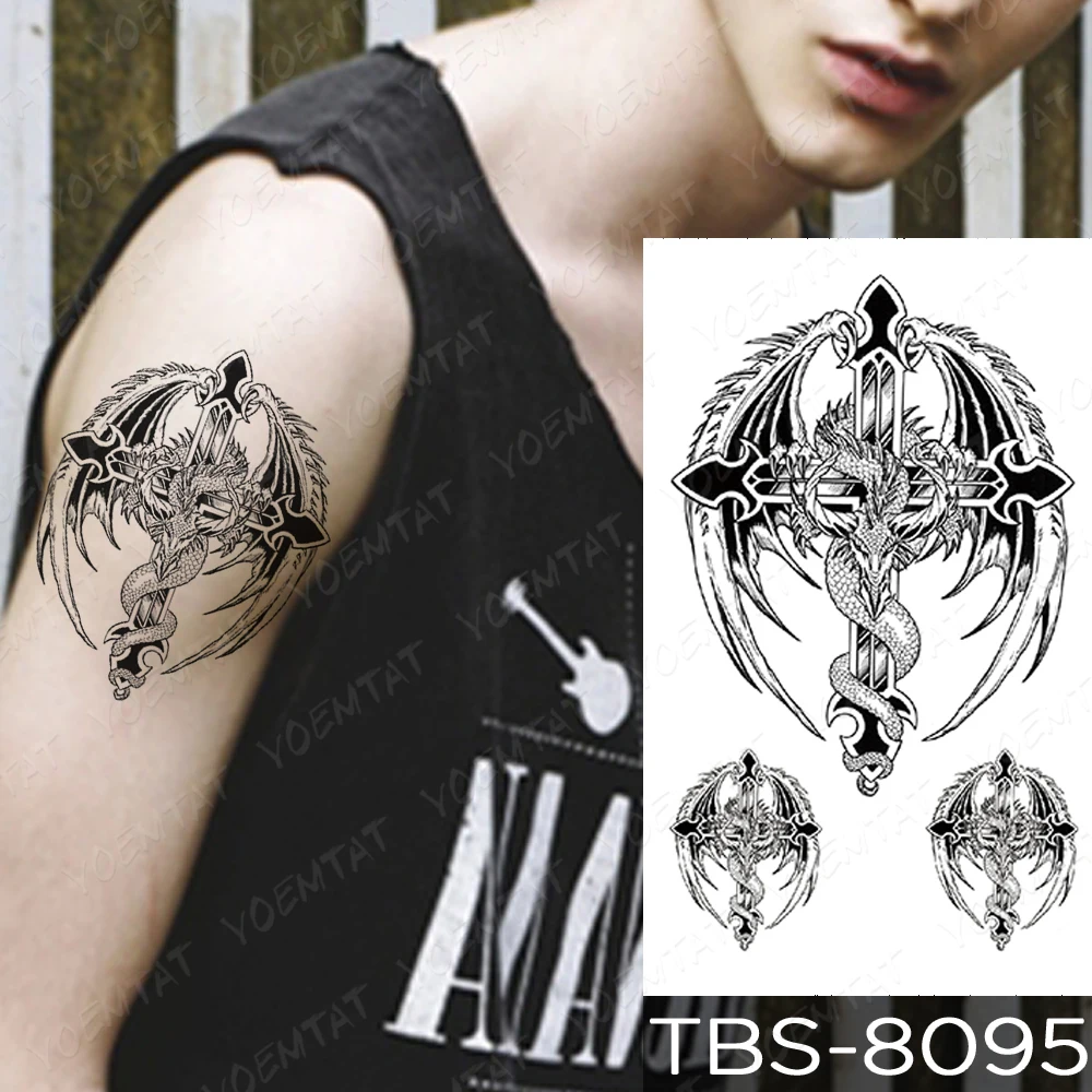 Waterproof Temporary Tattoo Stickers Dragon Wolf Scorpion Flash Tatto Men Black Flame Totem Body Art Transfer Fake Tattoos Women