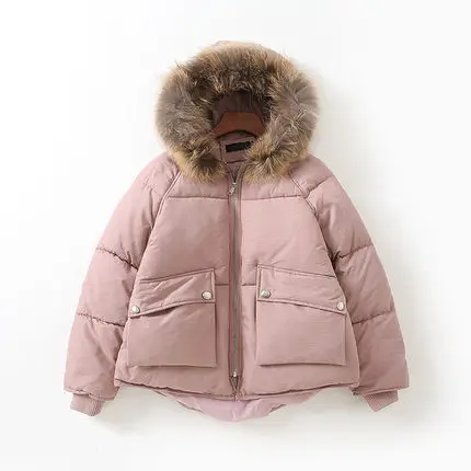 Парка с хлопковой подкладкой из натурального меха женская зимняя Розовая/желтая/бежевая/черная/зеленая куртка с капюшоном из натурального меха енота - Цвет: pink cotton coat