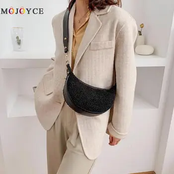 

Crescent Shape Women Shoulder Bags Leather Plush Splicing Fashion Retro Crossbody Handbag Women Bag
