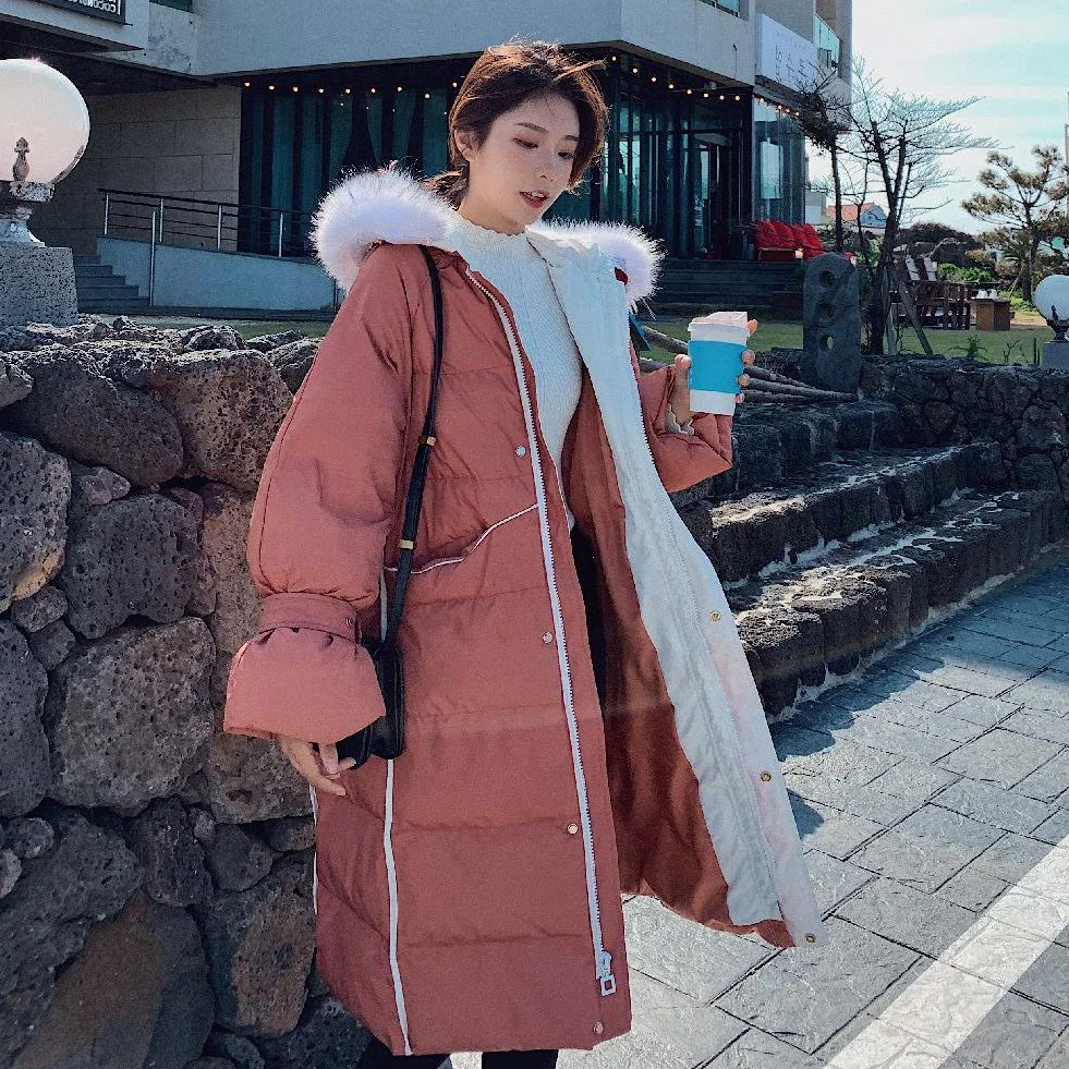 

Photo Shoot INS Sweet Bell Sleeve Bean Paste Orange down Coat Hooded Large Fur Collar Contrast Color Selvage Cotton-padded Cloth
