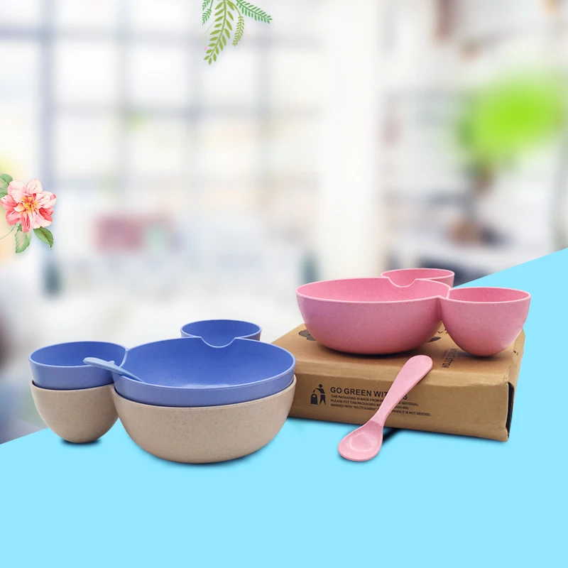 Bowl+Spoon Nature Material Baby Eating Food Tableware Toddle Cartoon Feeding Dishes Kids Plates Children Training Dinnerware Set