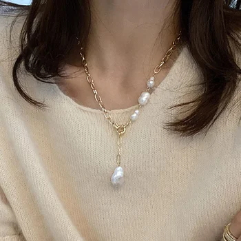 

AOMU Punk Luxury Geometric Irregular Baroque Natural Pearl Pendant Asymmetry Necklace Sweater Chain Women Girls Autumn Winter