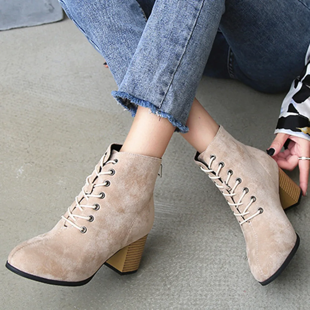 

Solid Adult Boots Women zipper Lace-Up Square Heel Boots Casual Flock Single spring/autumn Shoes Short Boots bota feminina