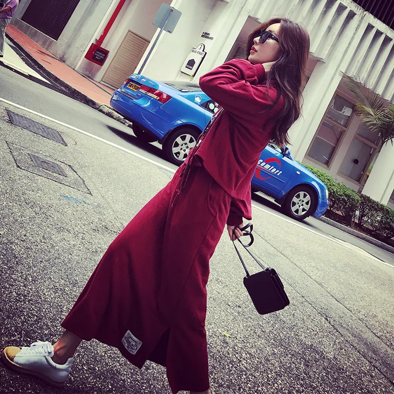 

Korean-style Skirt Hoodie Long Long-sleeve Suit 2018 Spring And Autumn New Style Applique Hooded Straight-Cut Dress Two-Piece Se