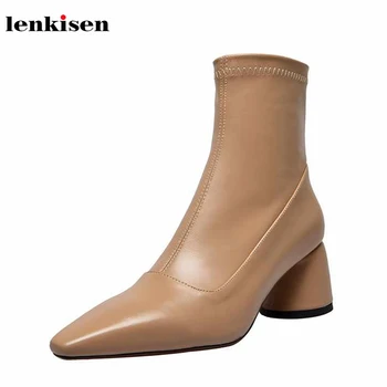 

Lenkisen genuine leather Korean stretch boots high heels square toe brand concise style winter keep warm women ankle boots L59