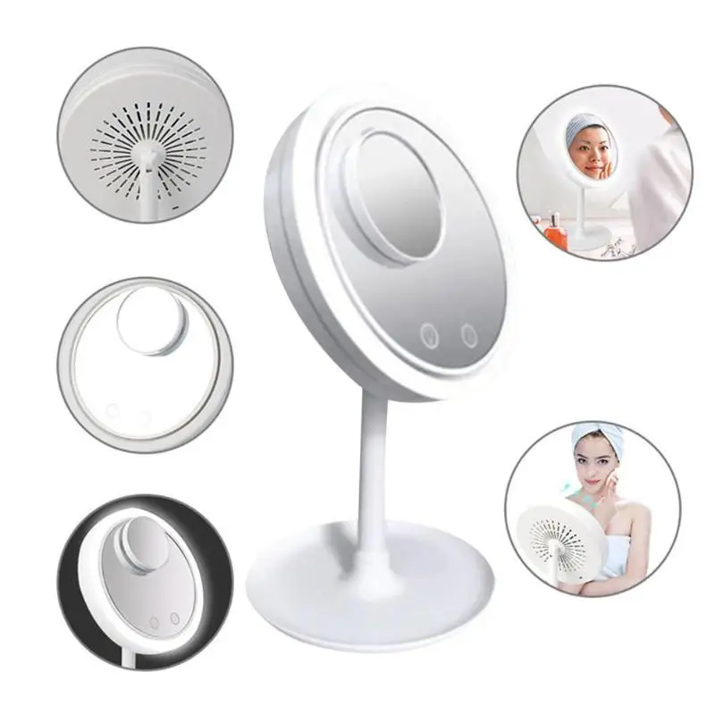 

5X Desktop Folding Cosmetic Mirrors Practical Durable Foldable Multi Ffunction Built-in Battery Powered Fan LED Lights