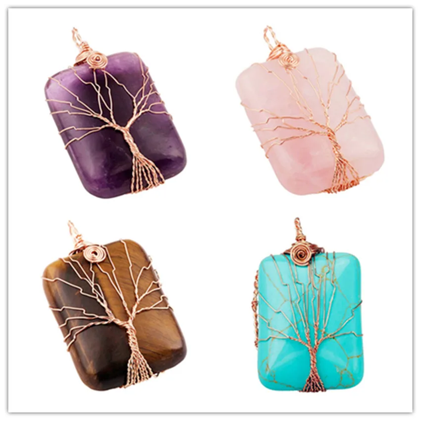 

FYJS Unique Rose Gold Color Wire Wrap Rectangle Shape Amethysts Stone Pendant Rose Pink Quartz Jewelry