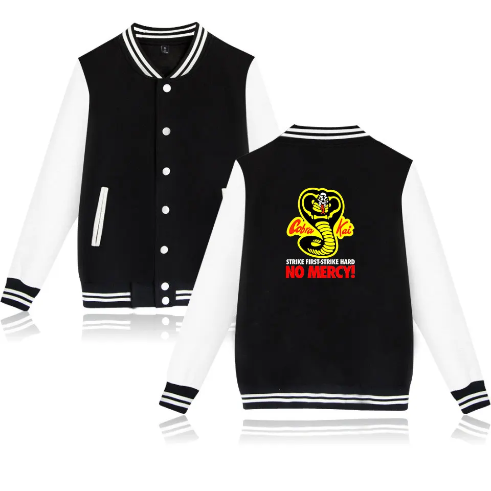 Chaquetas de Karate para chico, uniforme de moda, abrigo Cobra Kai Strike First Strike Hard No Mercy, Cazadora bomber Harajuku