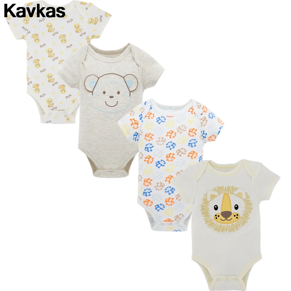 

KAVKAS Summer 4PCS 100% Cotton Newborn Baby Jumpsuit Jumpsuit Little Lion Cartoon Pattern Baby Clothes Short Sleeve Jumpsuit