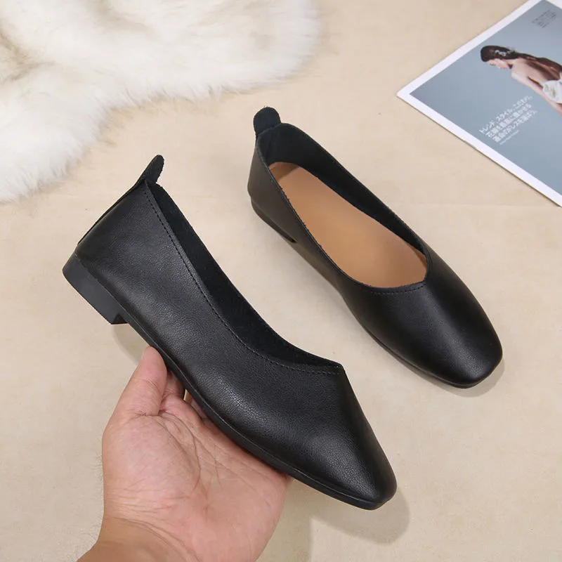 Women's Nursing Shoes - Candy Color Leather Flats, Nude Casual Square Toe Loafers, Retro Slip-On Comfort, Black image 3