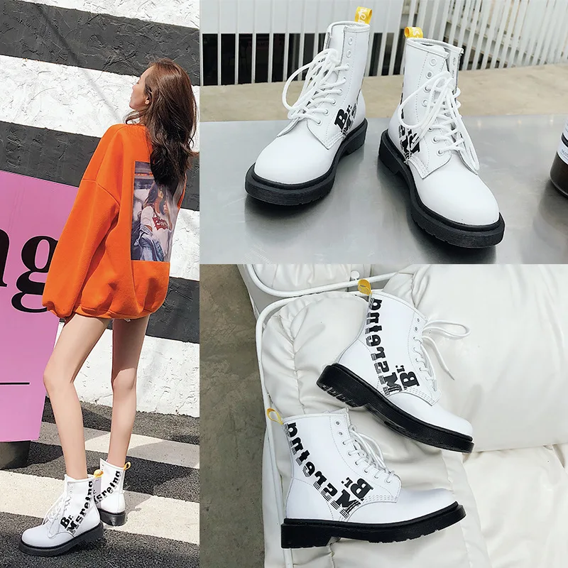 

Autumn Winter Motorcycle Short Boots Women Flat Shoes Fashion Genuine Leather England Style Lace-up Ladies Snow Boots