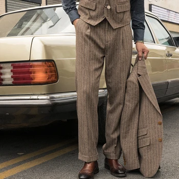 

cargo pants men Autumn and winter retro British style striped suit pants Woolen straight-leg wide-leg pants casual trousers