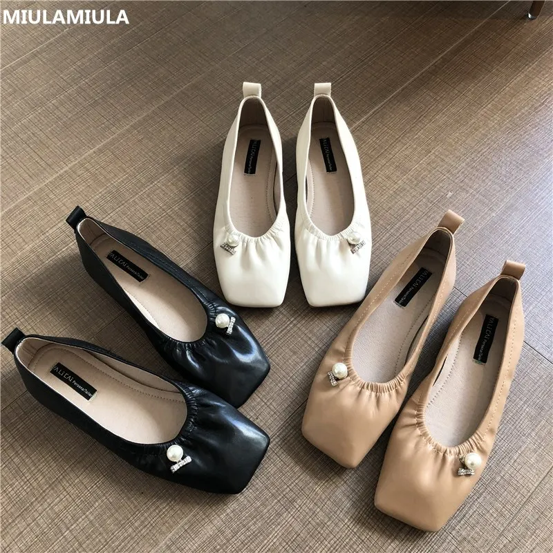 

MIULAMIULA Brand Designers 2020 Spring New Luxury Pearl Square Toe Soft Bottom Ballet Flats Shoes Women Slip On Loafers Causal