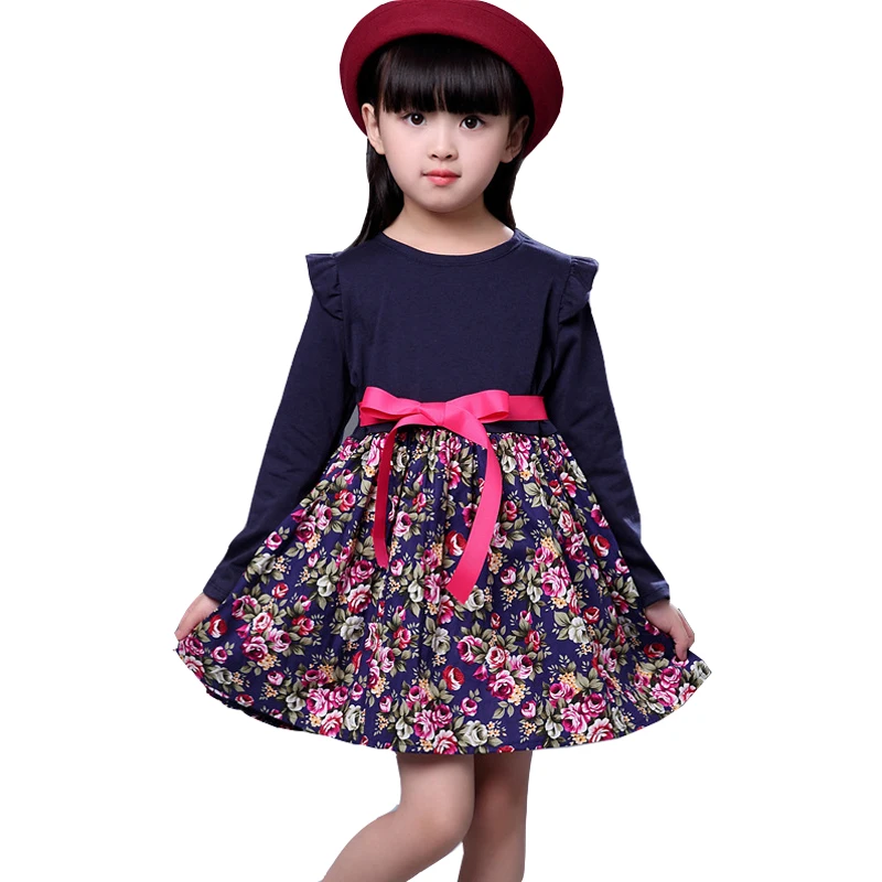 Платье для девочек с цветочным рисунком; Новинка года; сезон весна-осень; Детские платья с длинными рукавами для маленьких девочек; трапециевидная детская одежда с круглым вырезом; одежда для малышей