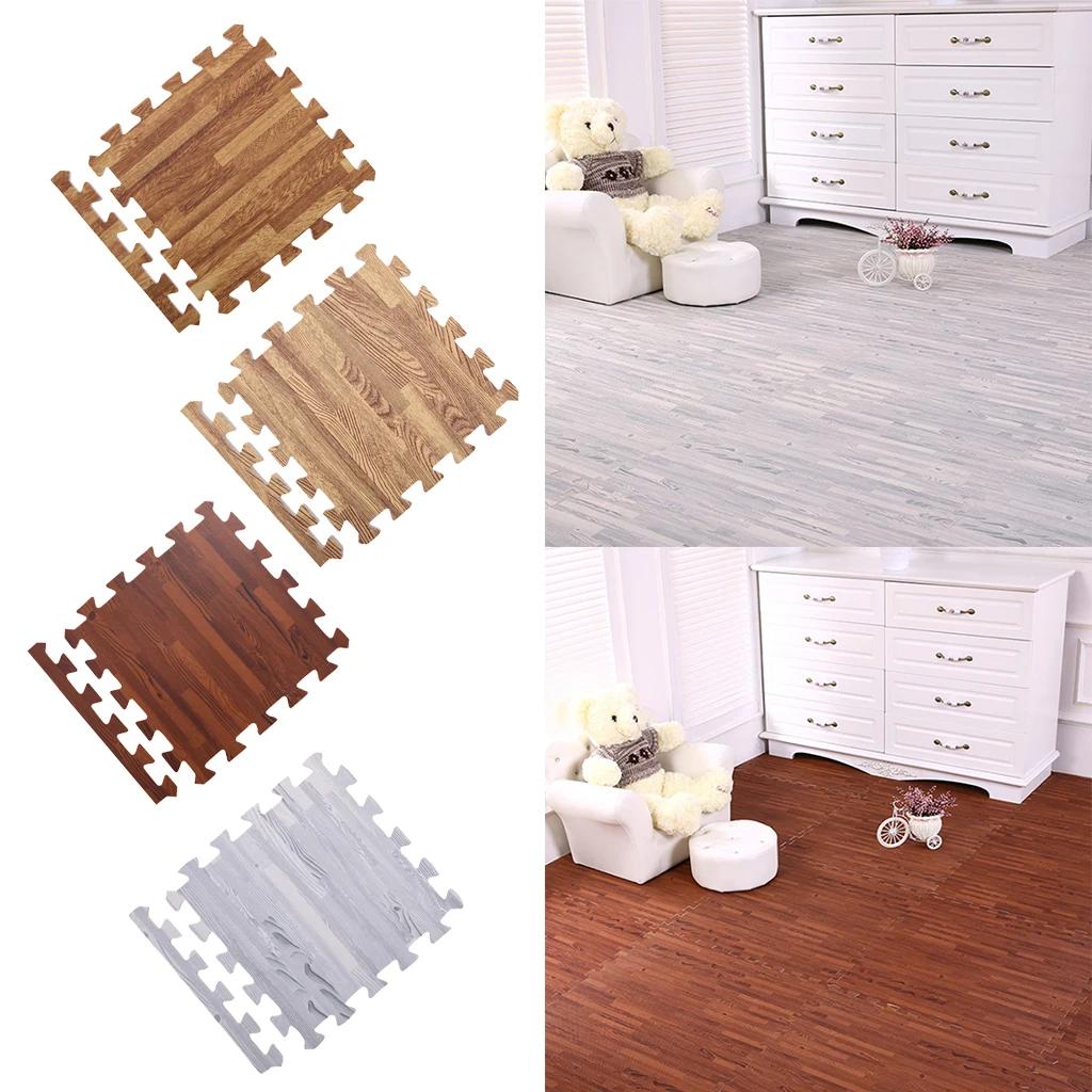 9 Pieces Wood Grain Floor Mat Foam Interlocking Flooring Tiles