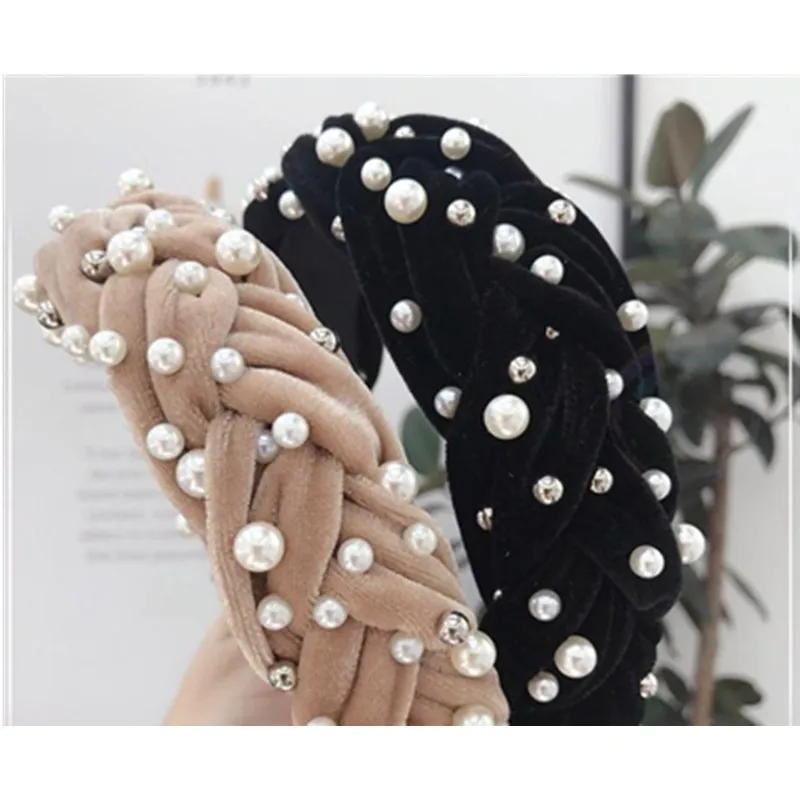 Braided Velvet Headbands Pearls for Women Plain Hairband Crystals Solid Wide Head Band Weaving Adults Headdress Hair Headband